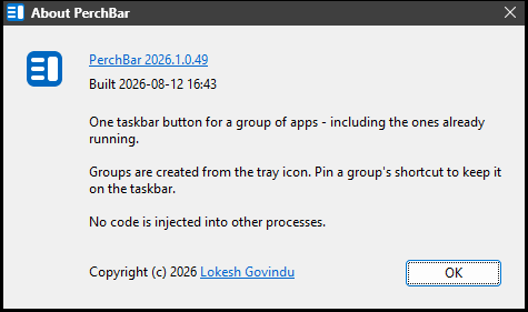 The About dialog: the product name, its version, and links to the project and its releases