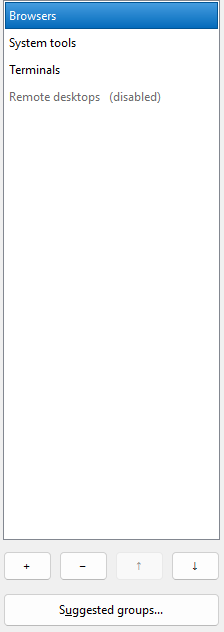 The list of groups on the left of the Groups dialog, with the add, remove and reorder buttons under it and Suggested groups below them