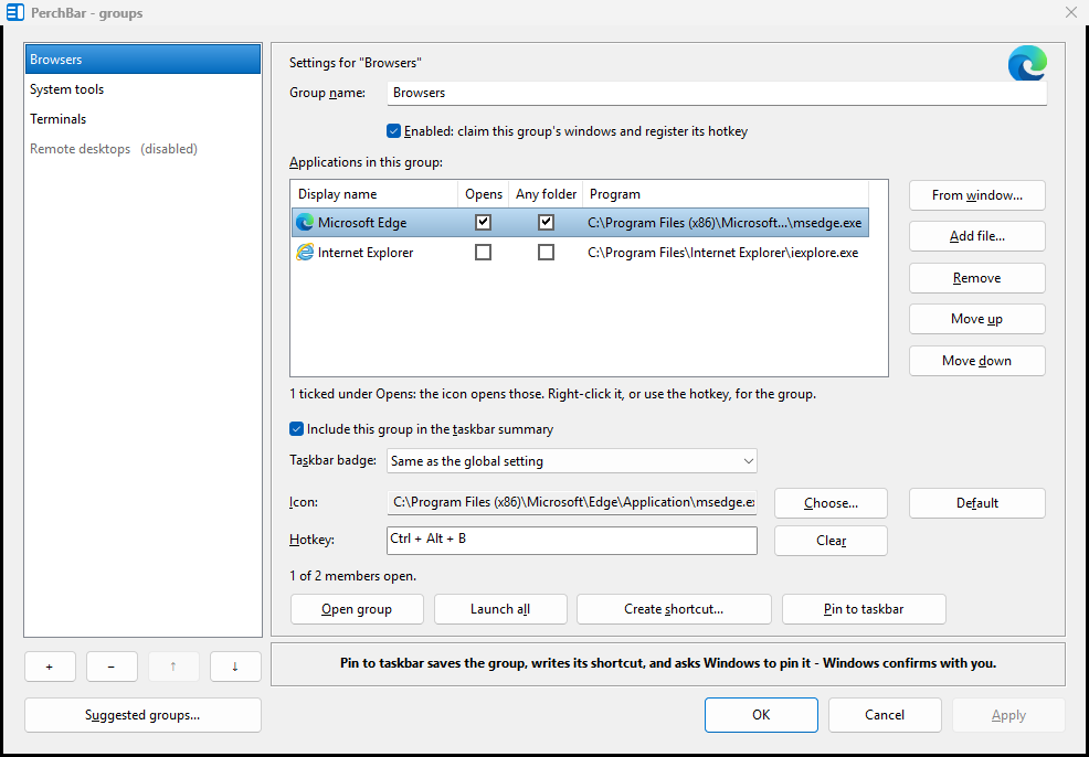The Groups dialog: the list of groups on the left, the selected group's name, settings, members and icon on the right