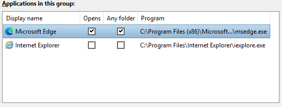 The applications in a group: display name, the Opens and Any folder columns, and the program path