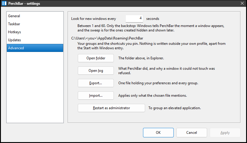 The Settings dialog, Advanced page: the sweep interval, the data folder, Open folder, Open log, Export, Import and Restart as administrator