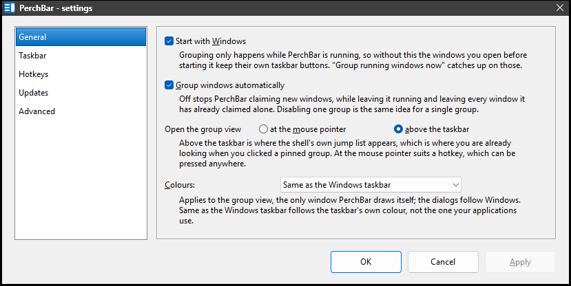 The Settings dialog, General page: the categories down the left, the General options on the right