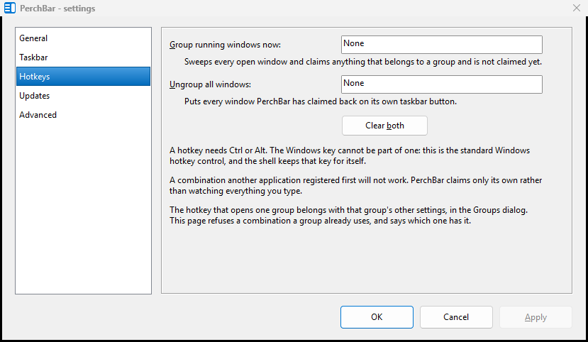 The Settings dialog, Hotkeys page: the two global hotkey fields and Clear both