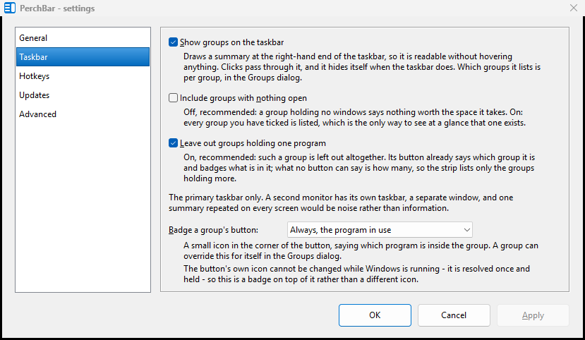 The Settings dialog, Taskbar page: show groups on the taskbar, include empty groups, and the badge setting