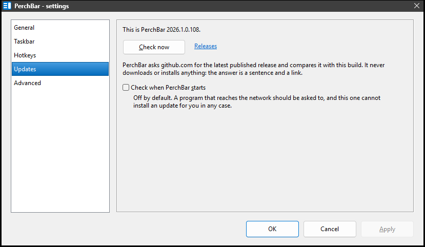 The Settings dialog, Updates page: the status line, Check now, the releases link and the check-on-start option